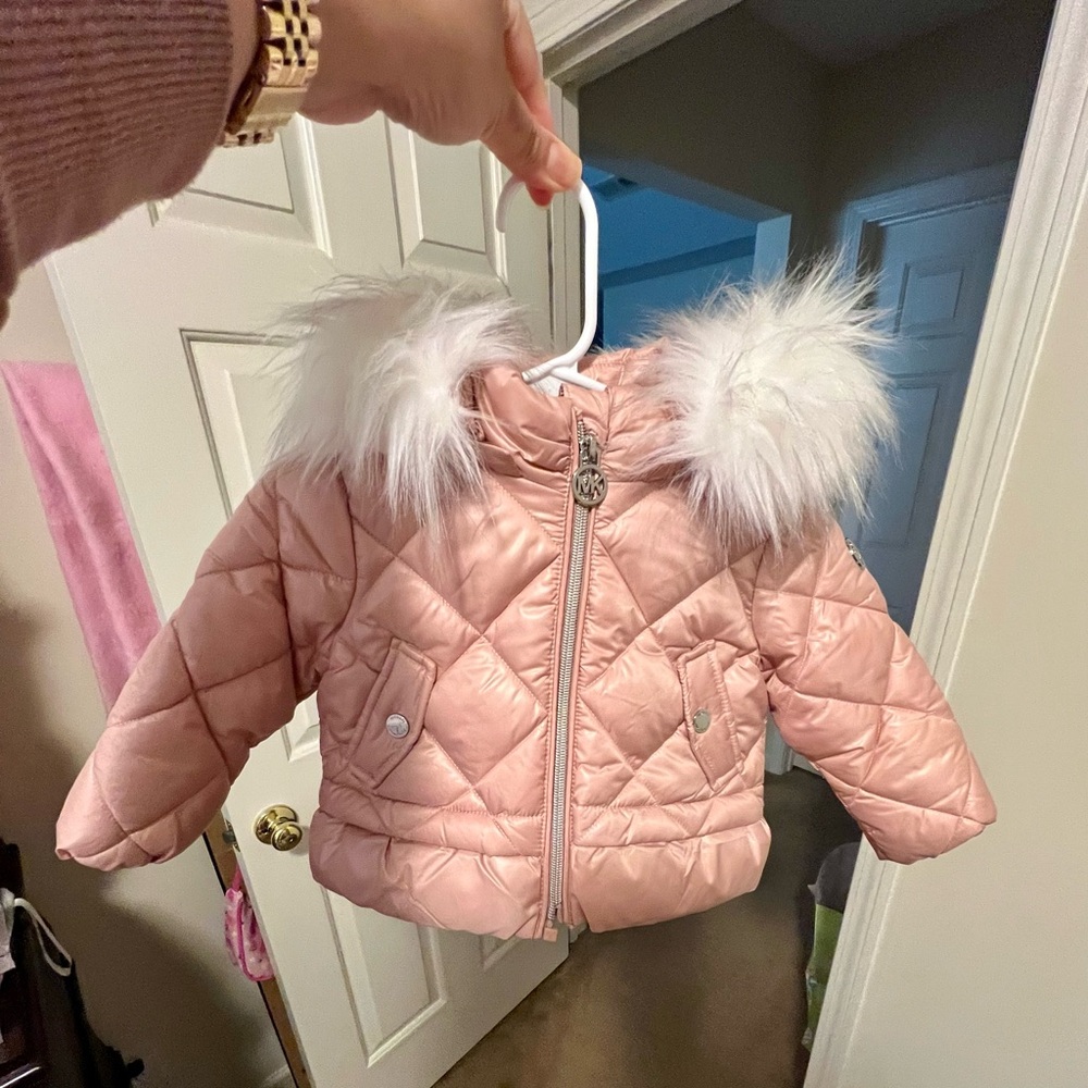 Michael Kors Baby Girls Pink Quilted Jacket with Faux Fur Hood